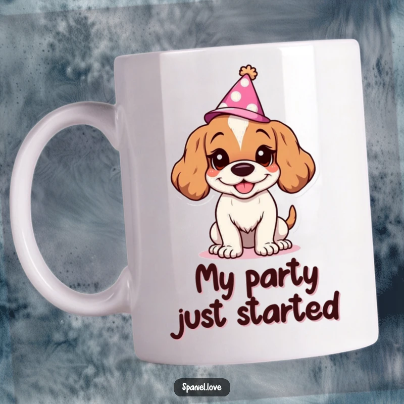 Funny Spaniel mug with a goofy grin and party hat, celebrating joyfully. This design captures pure, unadulterated canine happiness and party excitement.