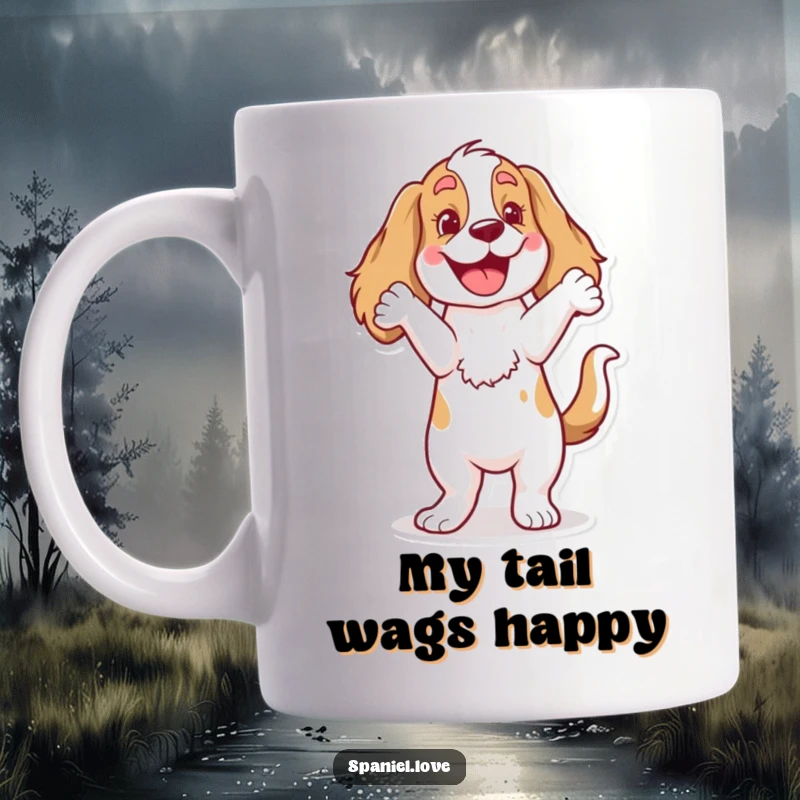 Funny Spaniel Mug: A cheerful dog character with a furiously wagging tail, performing a comical, ecstatic happy dance.