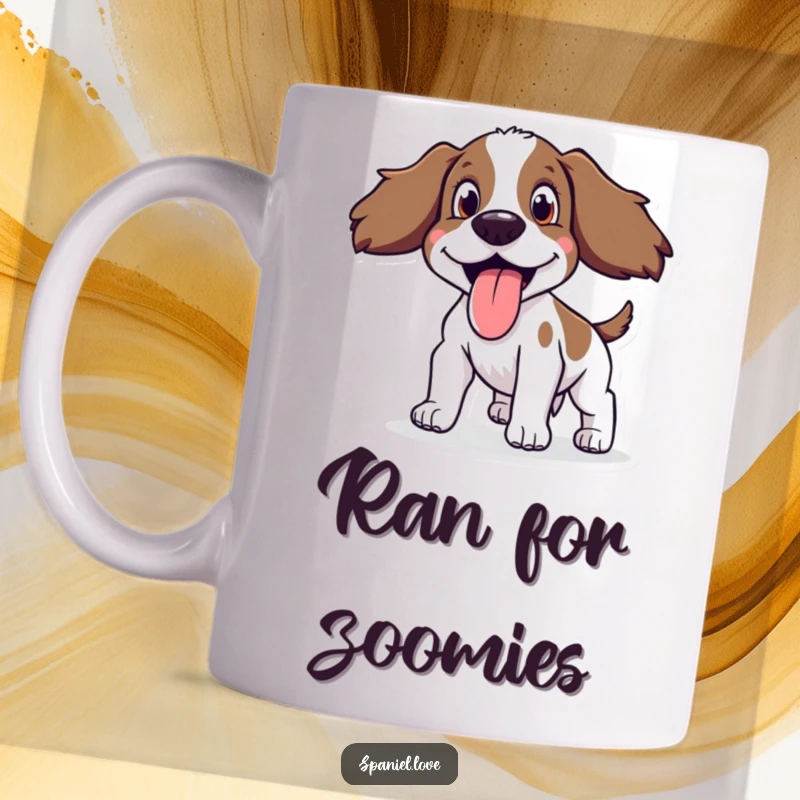 Funny Spaniel Mug showing a happy spaniel with its tongue out, panting after a refreshing run.