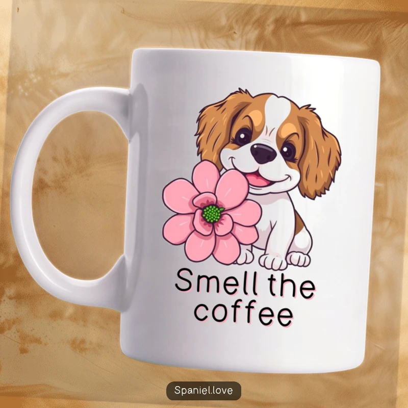 Funny spaniel with a wide, goofy smile happily sniffing a giant flower on a mug, embodying pure canine delight.