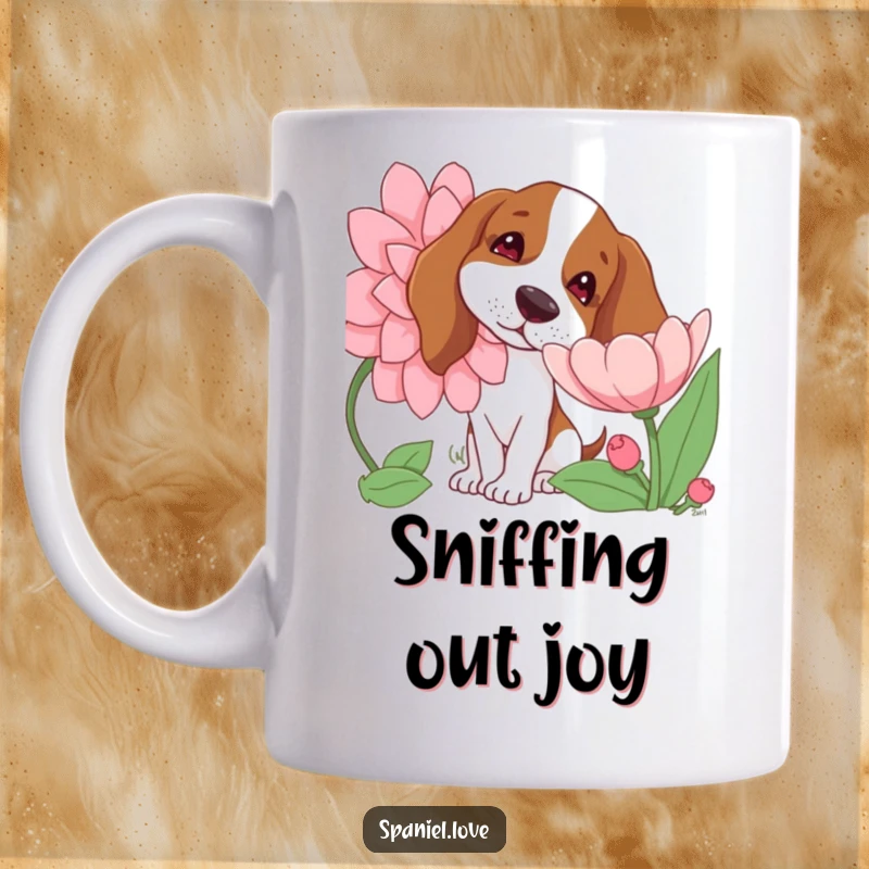Funny mug featuring a spaniel dog with a tilted head curiously sniffing a giant, blooming flower, showing intrigue and gentle exploration.
