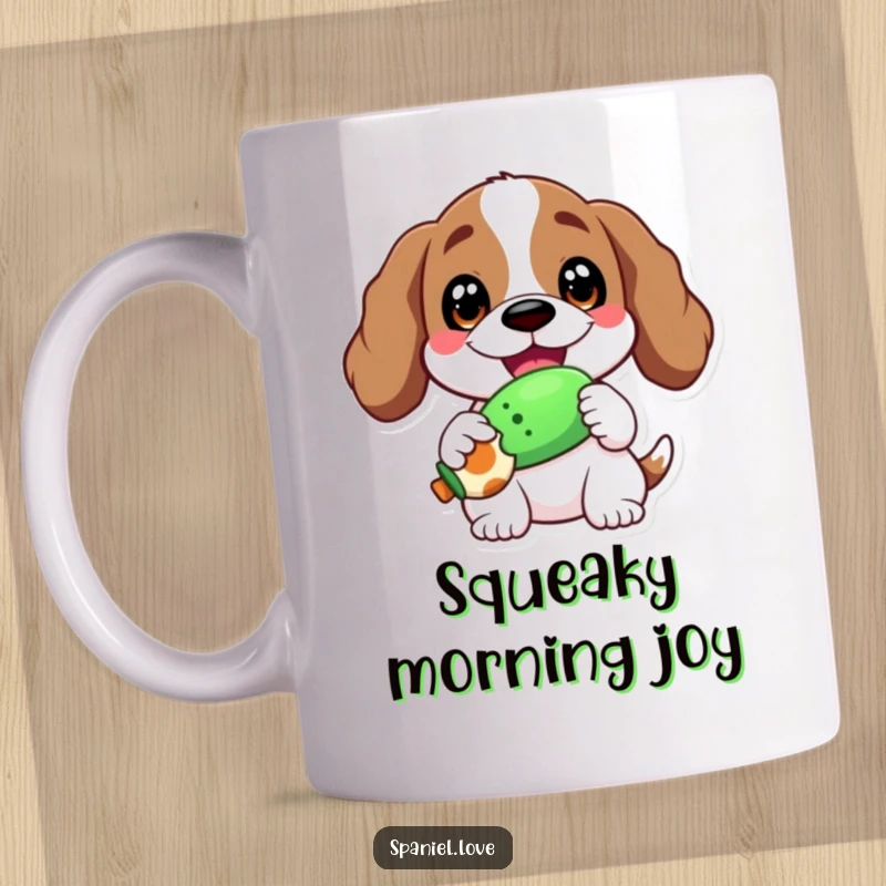 Funny mug featuring a spaniel with a wide, happy grin, proudly holding a colorful squeaky toy in its mouth.