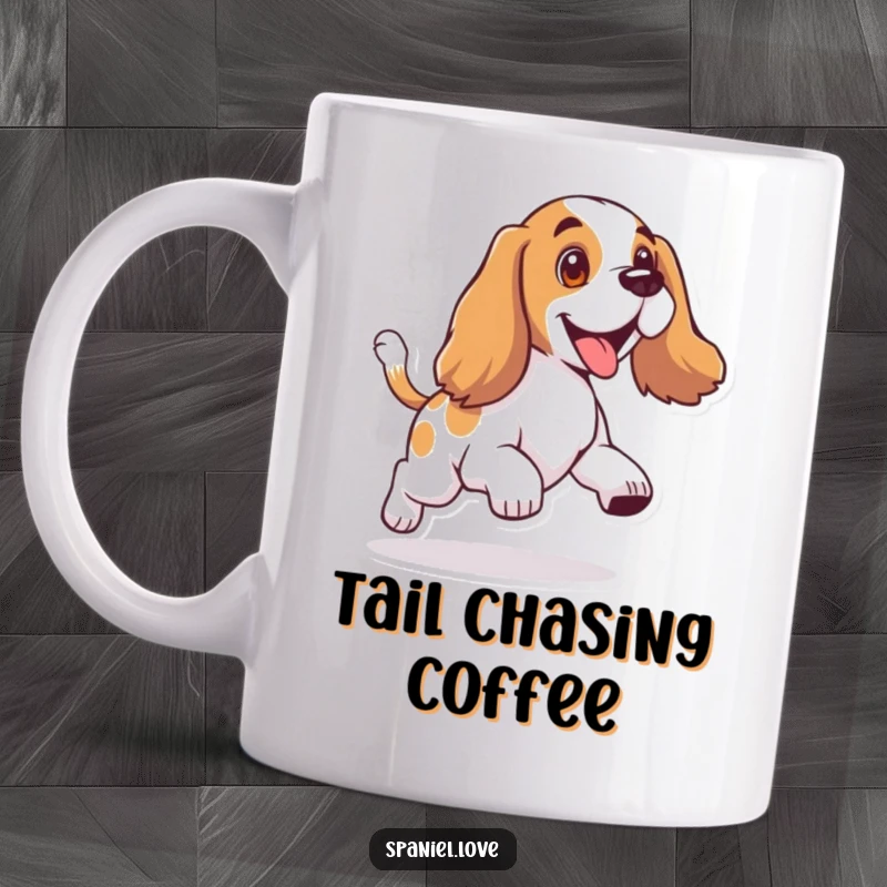 Funny mug showing a spaniel with long, floppy ears, gleefully spinning in circles while chasing its own wagging tail.
