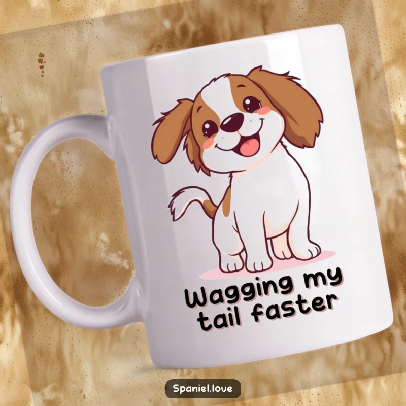 Funny Spaniel Mug: A doggo's tail is a blur of excitement, wagging so hard it's a comedic masterpiece. Pure canine joy for your desk.
