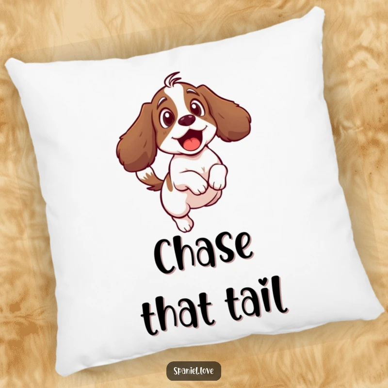 Funny pillow depicting a surprised spaniel character comically recoiling from its own vigorously wagging tail.