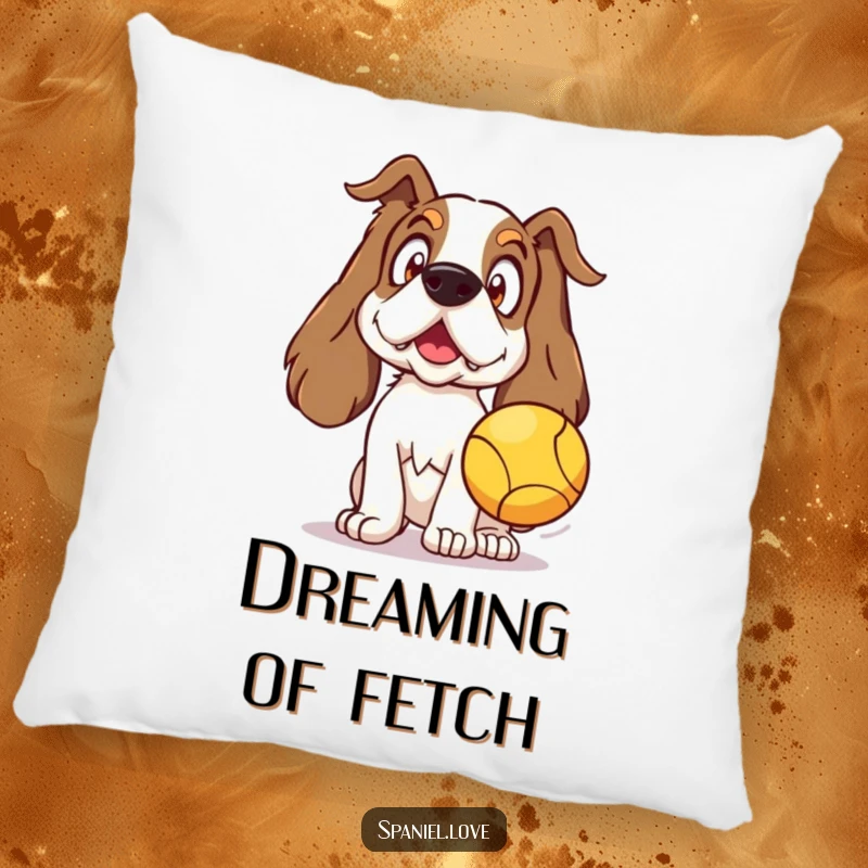 Funny Spaniel Pillow showing a surprised spaniel ready for playtime with a ball, adding comfort and humor.