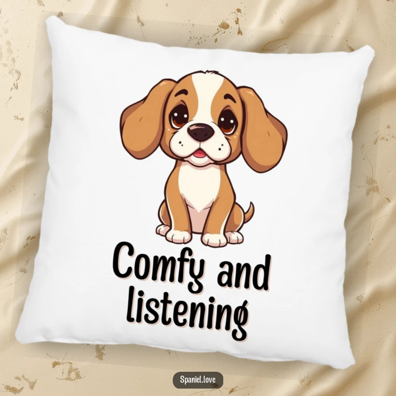 Funny Spaniel pillow with a character tilting its head, listening intently with curiosity. This pillow adds comfort and a touch of empathetic charm to any room.