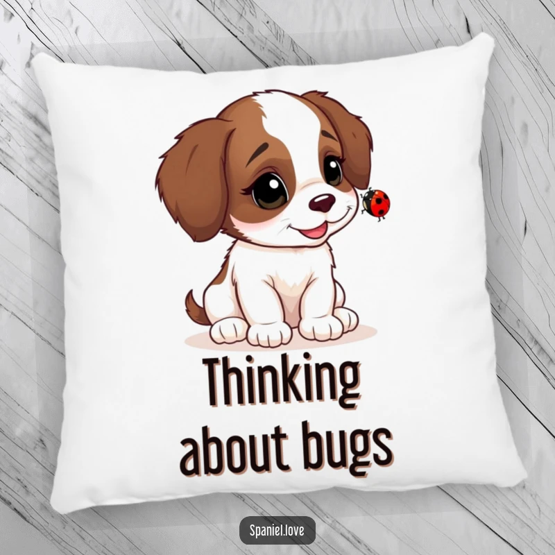 Funny Spaniel cub pillow, head tilted curiously towards a ladybug, soft and humorous decor.