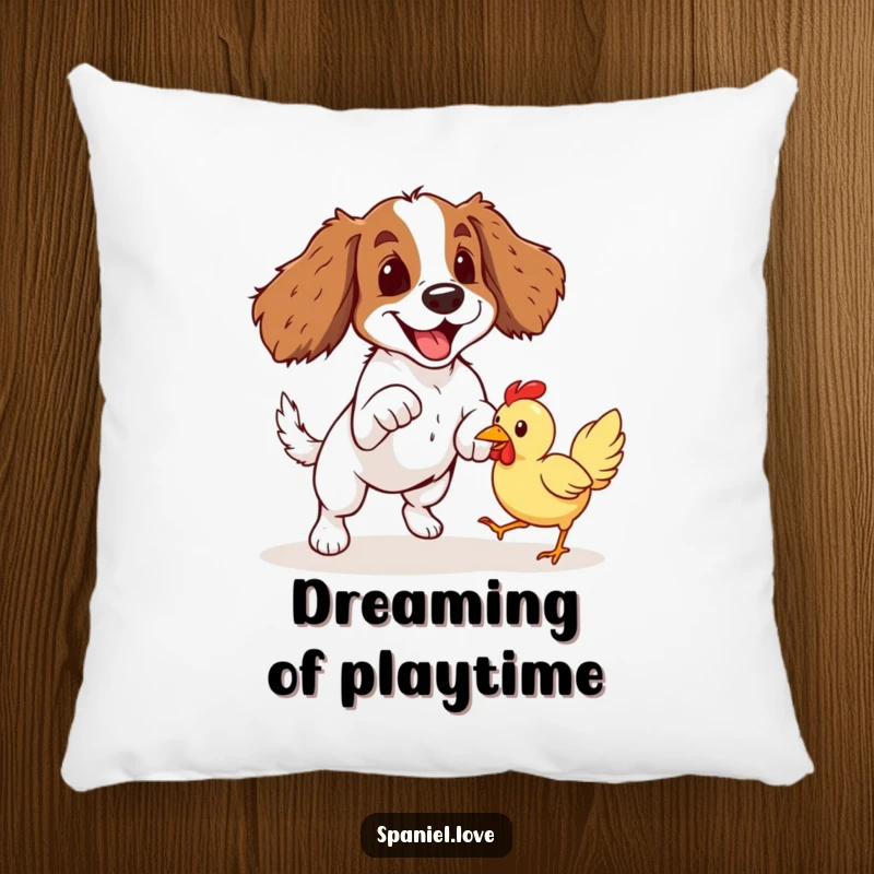 Funny Spaniel Rubber Chicken Pounce Pillow: A spaniel dog leaps energetically, eyes locked on a bouncing rubber chicken, pure playfulness.