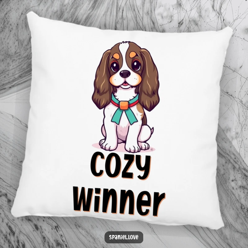 Funny Spaniel Ribbon Pillow: A spaniel stands proudly, a colorful ribbon adorning its neck, exuding sophistication and charm.
