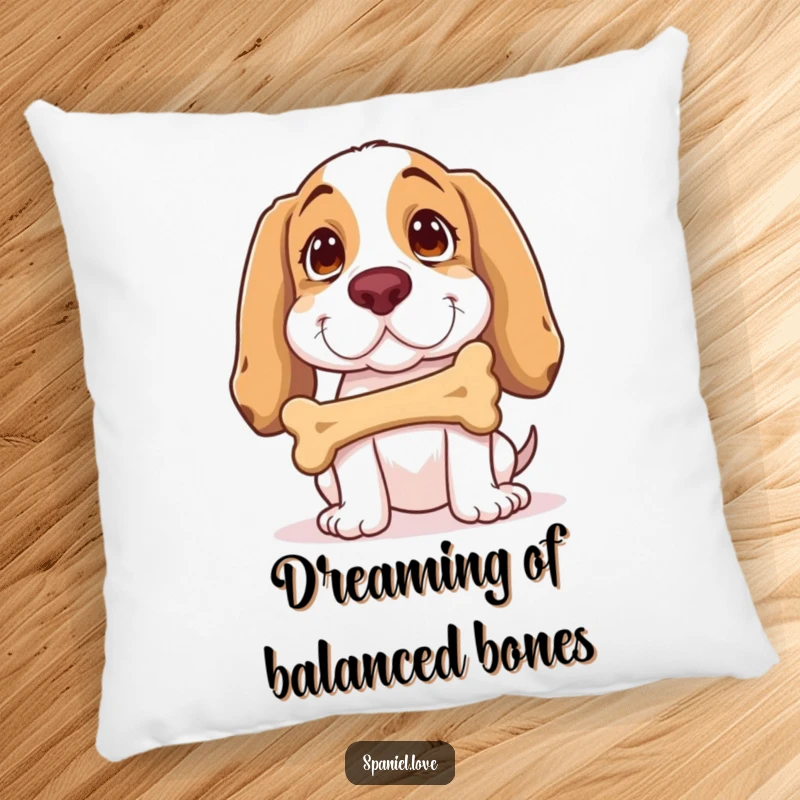 Funny Spaniel Pillow: A spaniel balances a bone on its nose with endearing, comical focus, bringing soft humor to your couch.