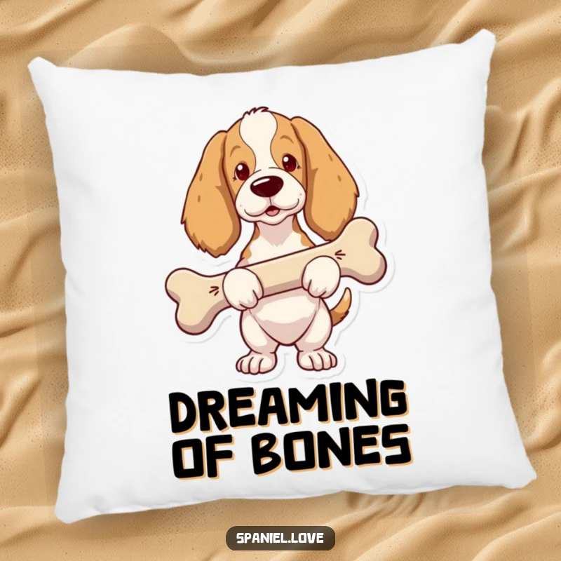 Funny Spaniel Pillow: A decorative pillow featuring a proud spaniel carrying a comically oversized bone.