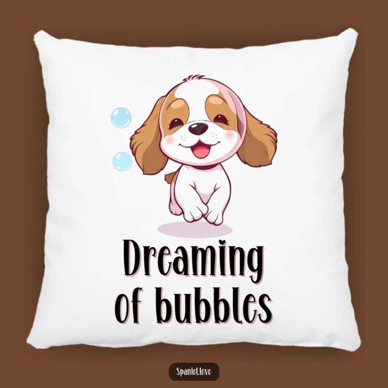 Funny Spaniel Bubble Chase Pillow - Cozy Enthusiasm, Humorous Comfort