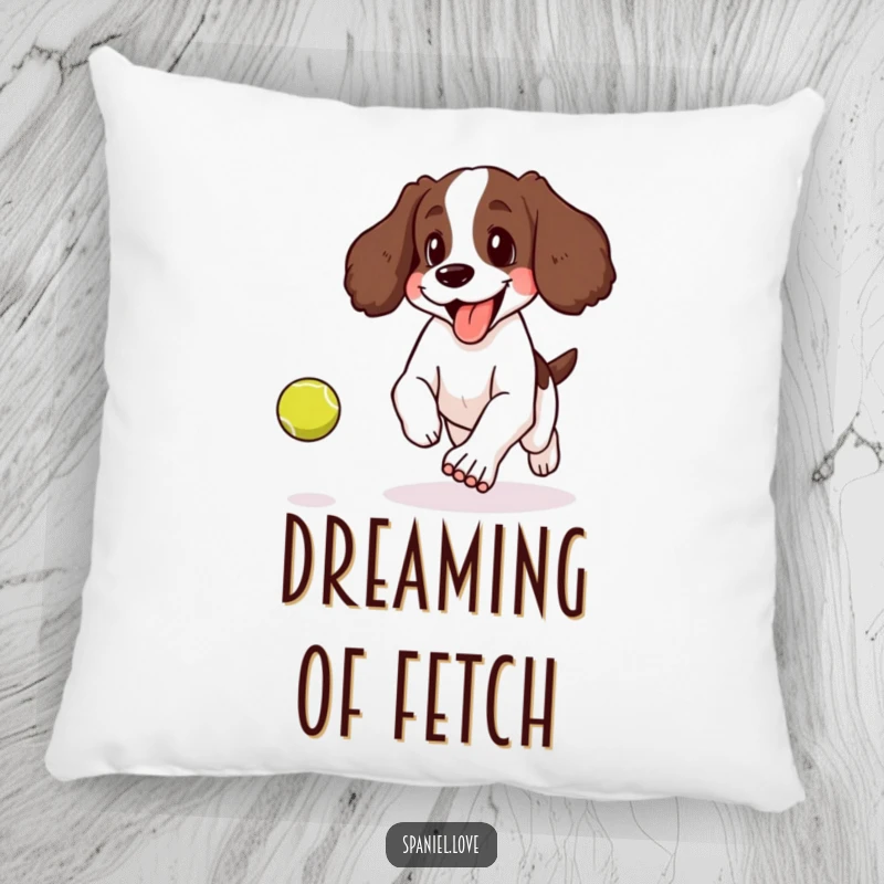 Funny throw pillow depicting a spaniel panting happily with its tongue lolling out while chasing a bouncing tennis ball.