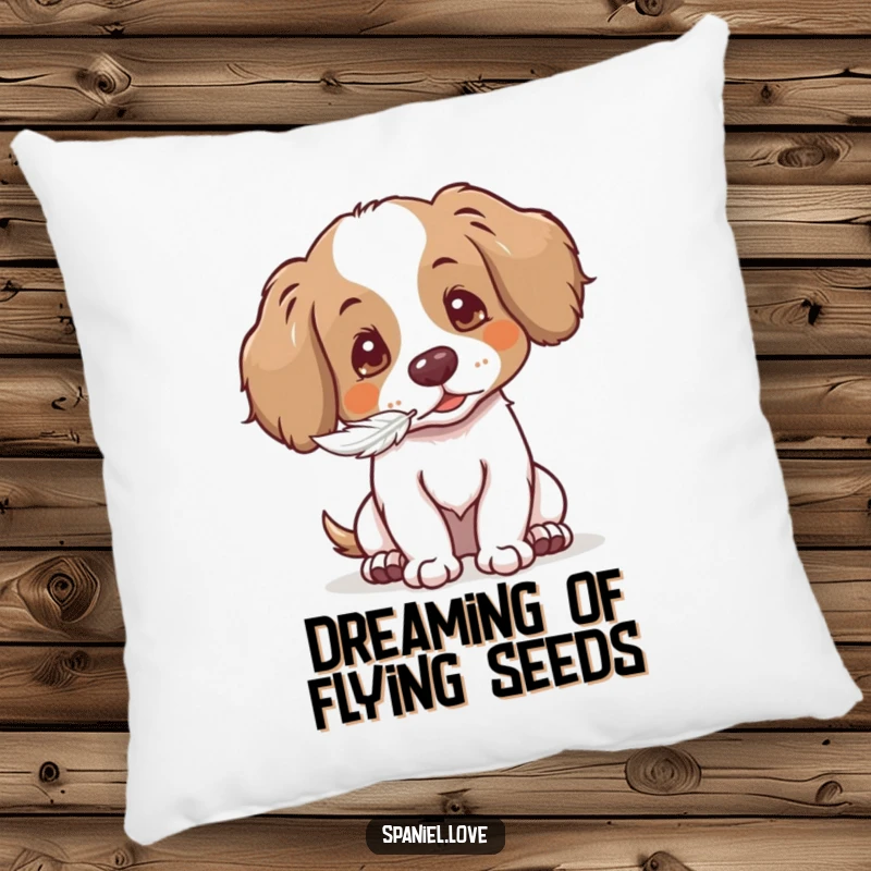 Funny Gentle Spaniel Pillow design: spaniel blowing a seed, embodying gentleness and heartwarming charm.