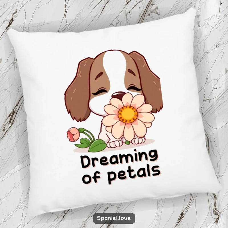 Funny pillow depicting a happy spaniel character burying its nose in a comically large, beautiful flower.
