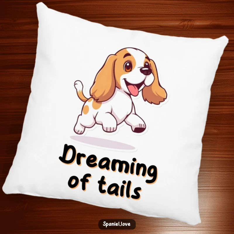 Funny pillow featuring a spaniel with floppy ears, comically chasing its wagging tail in a circle.