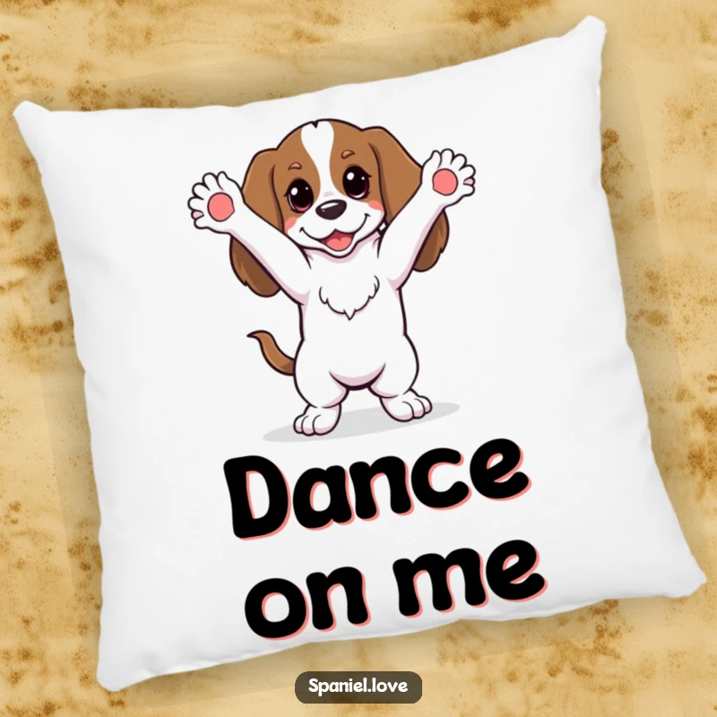 Funny spaniel doing a silly dance with paws in the air on a pillow, offering soft comfort and humorous canine celebration.