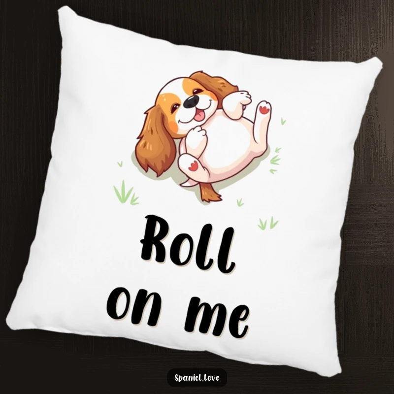 Funny spaniel rolling on its back in grass on a pillow, offering soft comfort and humorous canine delight.