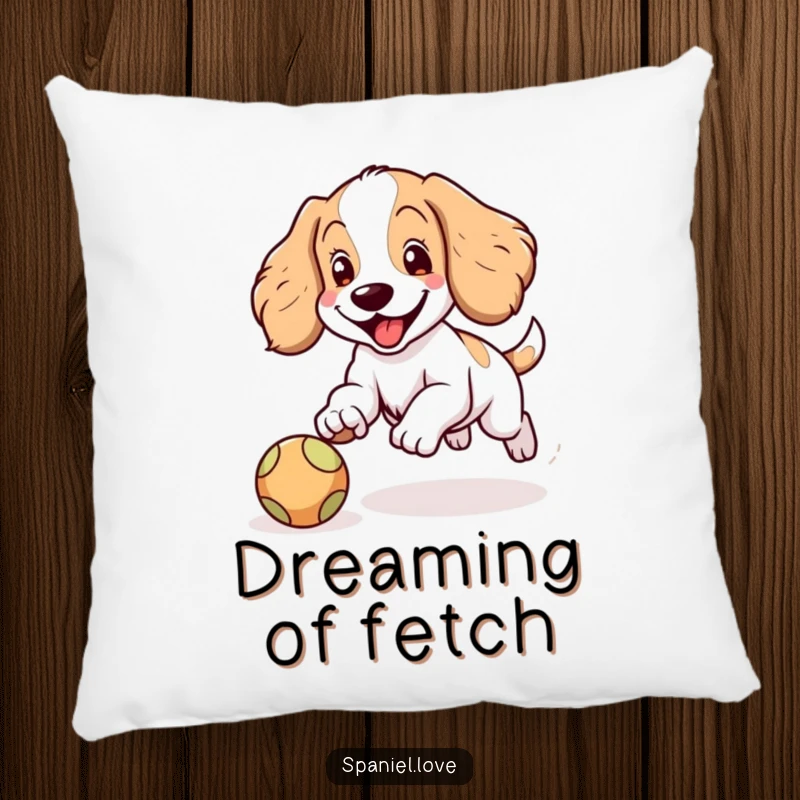Funny Spaniel pillow showing a happy Spaniel character with floppy ears joyfully chasing a bouncing ball, embodying comfort and playfulness.