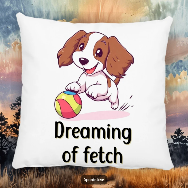 Funny spaniel pillow with a cartoon spaniel joyfully chasing a bouncing colorful ball, ears flapping dynamically, offering soft, happy comfort.