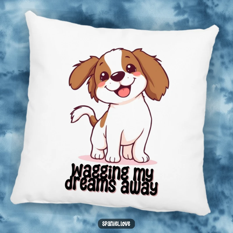 Funny Spaniel Pillow: A spaniel's body is a joyful blur thanks to its furiously wagging tail, bringing comical coziness.