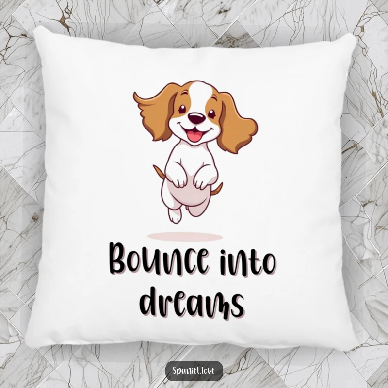 Plush pillow featuring a funny spaniel character happily bouncing with ears flapping in the wind, perfect for comfort and joy.