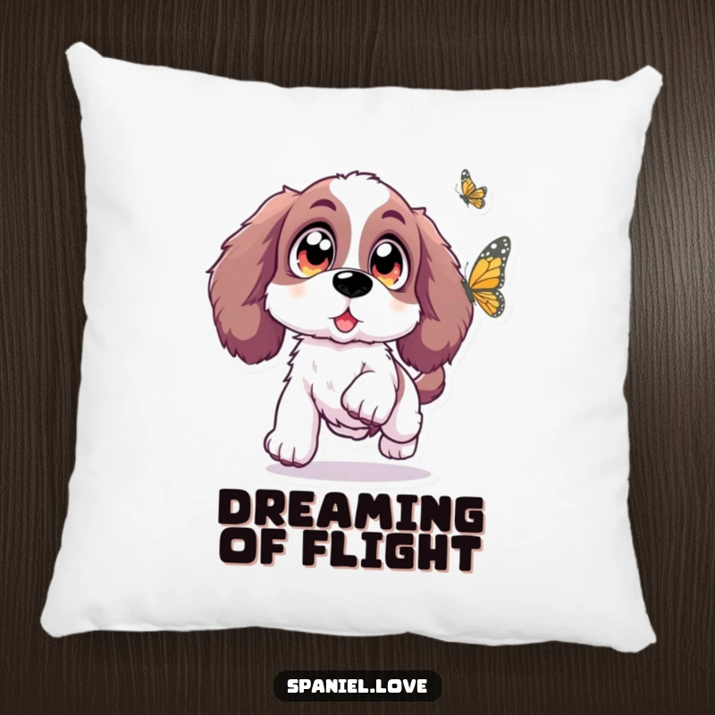 Funny Spaniel pillow showing a Spaniel with oversized, sparkling eyes leaping with excitement towards a butterfly, embodying cozy magic.