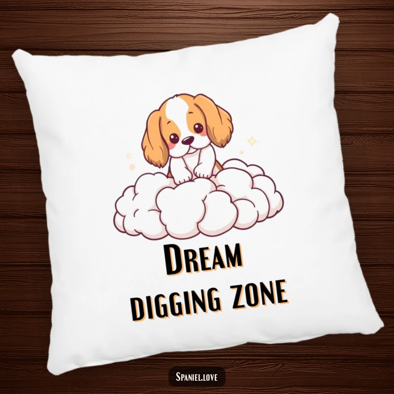 Funny Spaniel Pillow: A plush pillow featuring a spaniel digging playfully into a pile of soft, white clouds.