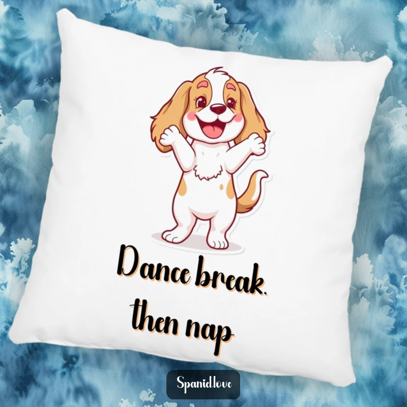Funny Spaniel Pillow: Soft cushion showcasing a dog's comical happy dance, tail wagging energetically, bringing cheer to any room.