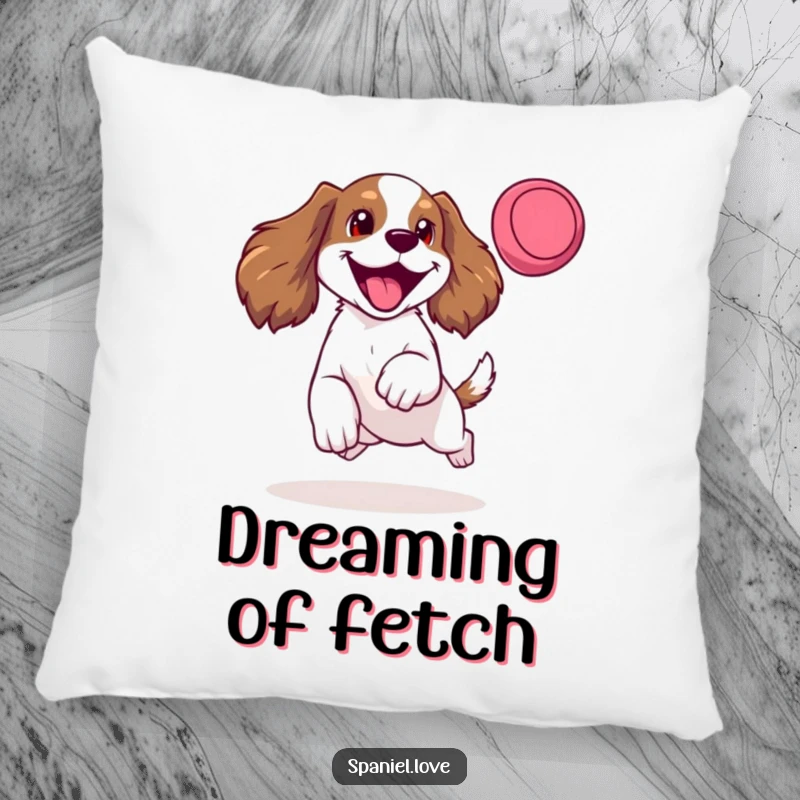 Funny pillow showcasing a happy spaniel mid-leap for a frisbee, tongue lolling, perfect for cozy, playful decor.
