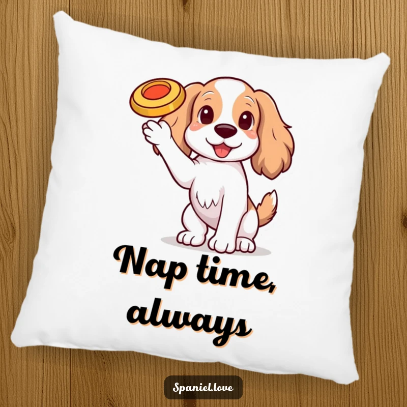 Funny Spaniel dog with one paw raised, balancing a tiny, spinning frisbee on its nose on a pillow, providing comfort and charm.