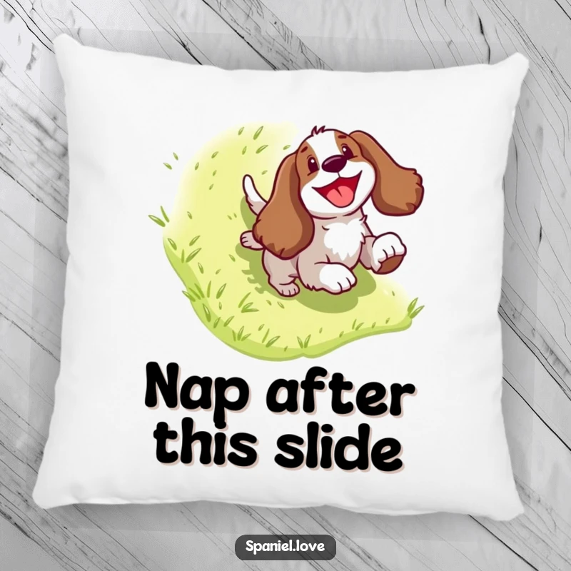 Funny Spaniel Pillow: Soft cushion featuring a dog character's hilarious slide down a stylized hill, adding whimsical comfort.