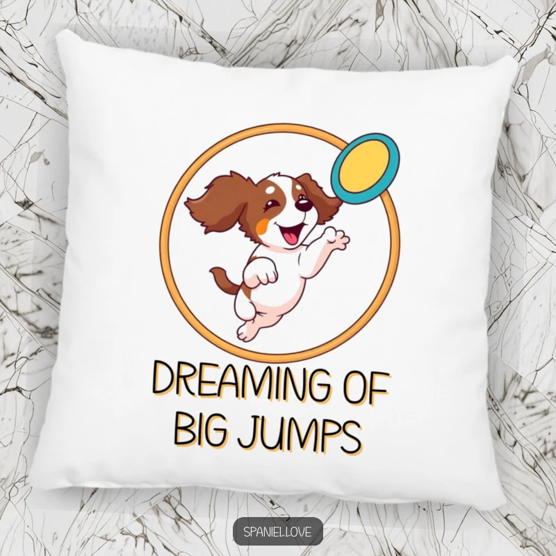Funny Spaniel Pillow: A spaniel leaps through a hoop to catch a frisbee, bringing athletic fun and comfort to your space.