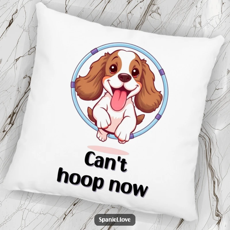 Funny spaniel pillow depicting a happy dog energetically jumping through a hula hoop, tongue out, bringing playful comfort and humor.