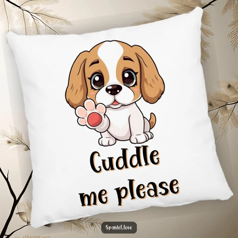 Funny Spaniel pillow featuring wide, adoring eyes and an offered paw. This pillow brings comfort and a message of unconditional love to any setting.