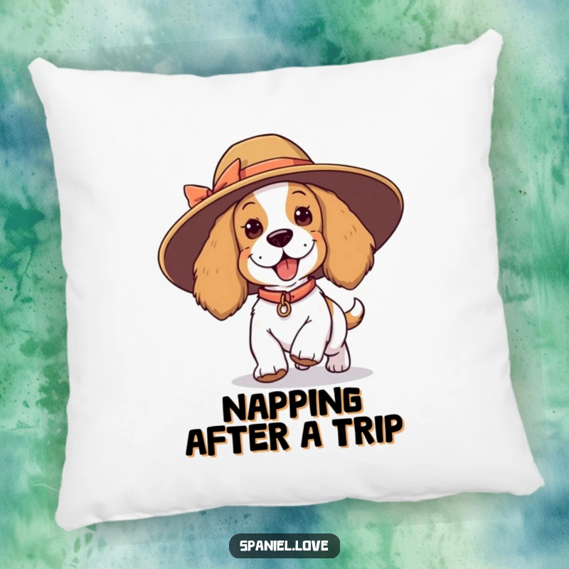 Funny spaniel pillow, a playful dog tripping in a comically large hat, perfect for adding comfort and humor.