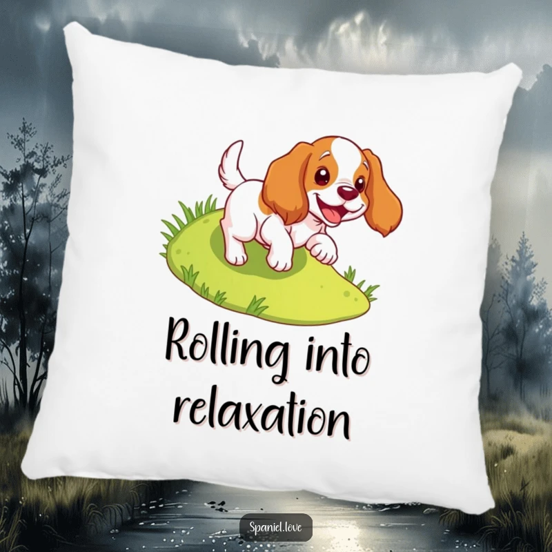 Funny spaniel pillow featuring a dog joyfully tumbling down a slope, offering plush comfort and cheer.