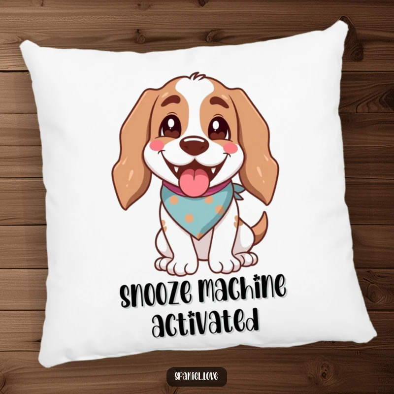 Soft, plush pillow featuring a funny spaniel in a bandana, panting happily, conveying pure joy.