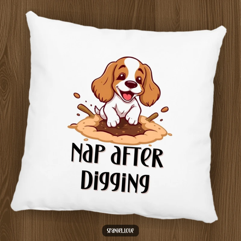 Funny spaniel pillow with a cartoon spaniel happily digging a hole, showing exaggerated motion and dirt flying, offering soft, fun comfort.