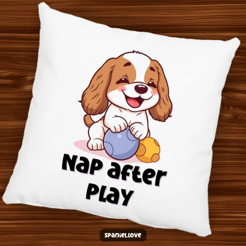 Funny kawaii spaniel barking cheerfully and nudging a ball on a pillow, offering cozy and humorous comfort.