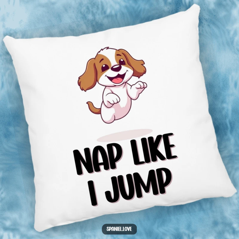 Funny spaniel pillow featuring a dog landing a jump with a giggle, offering plush comfort and humor.