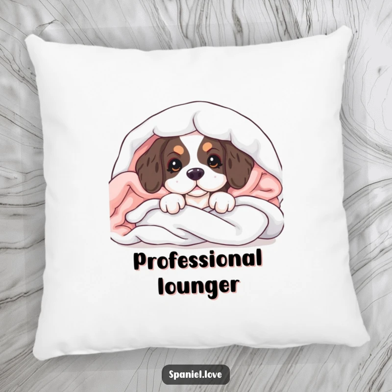 Funny pillow featuring a spaniel puppy peeking from soft blankets, designed for comfort and heartwarming appeal.