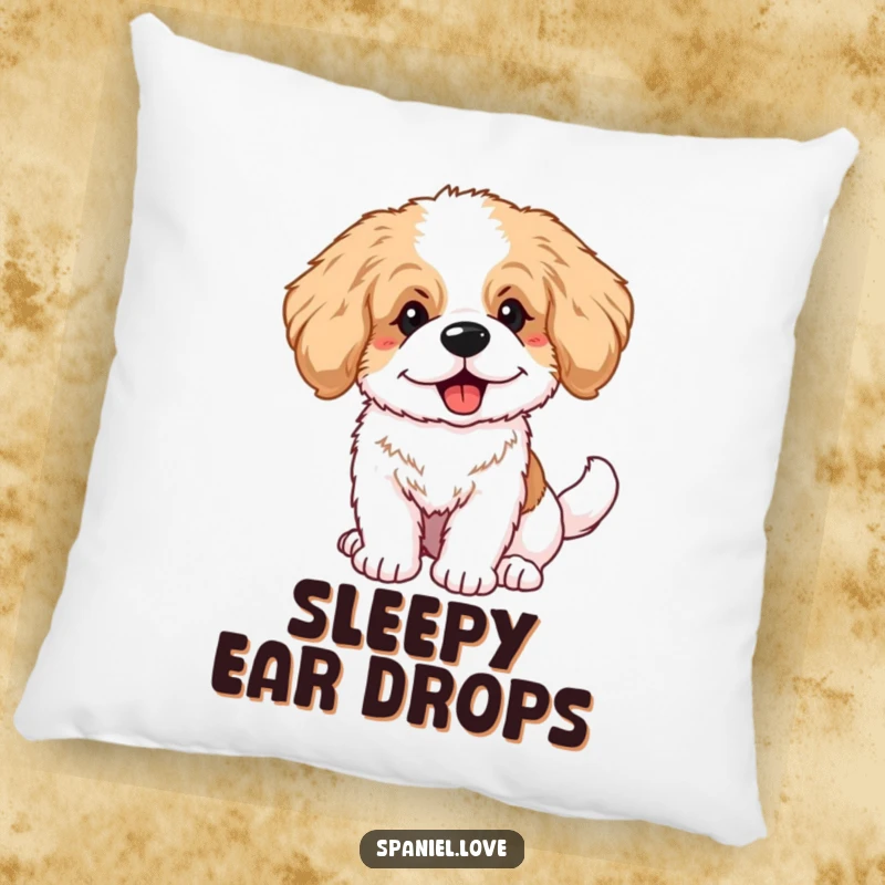 Plush pillow showcasing a funny, fluffy spaniel puppy with large ears and a continuously wagging tail, adding comfort and cheer.