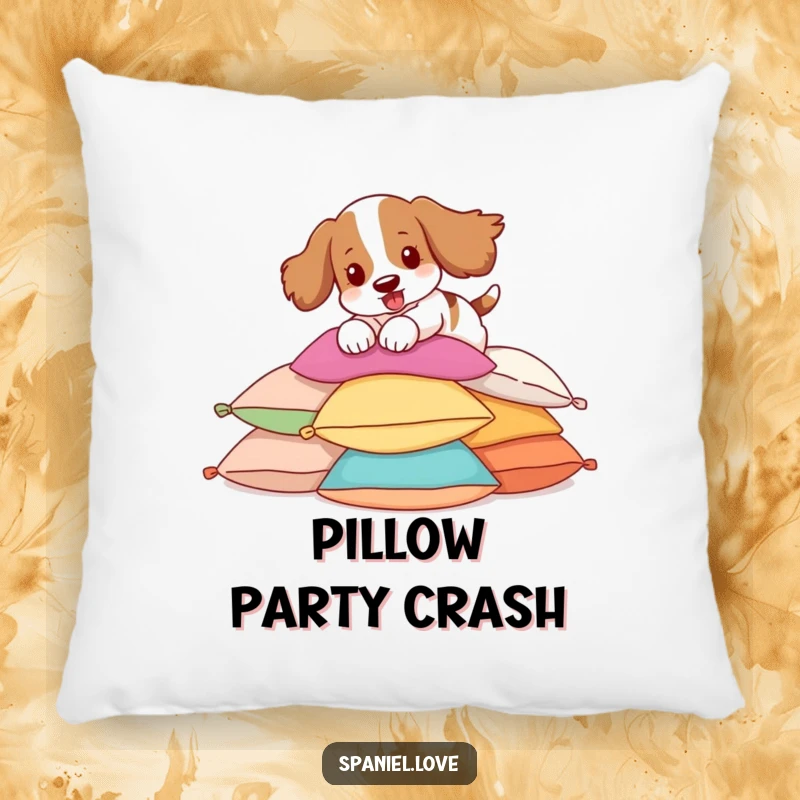 Funny Spaniel Pillow showcasing a spaniel gleefully pouncing on a stack of colorful pillows, soft and humorous.