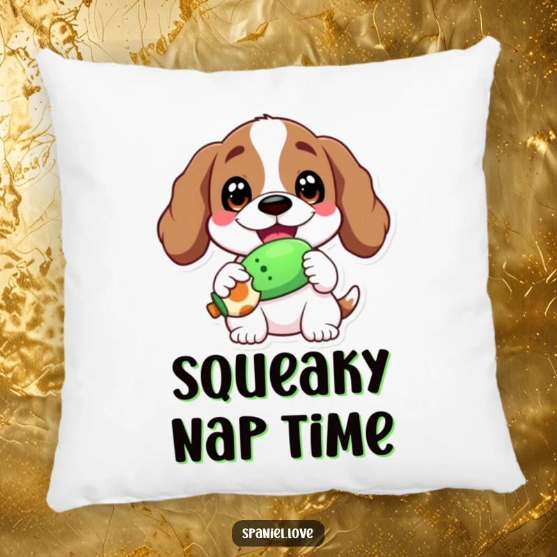 Funny pillow featuring a spaniel with a wide, happy grin, holding a squeaky toy.