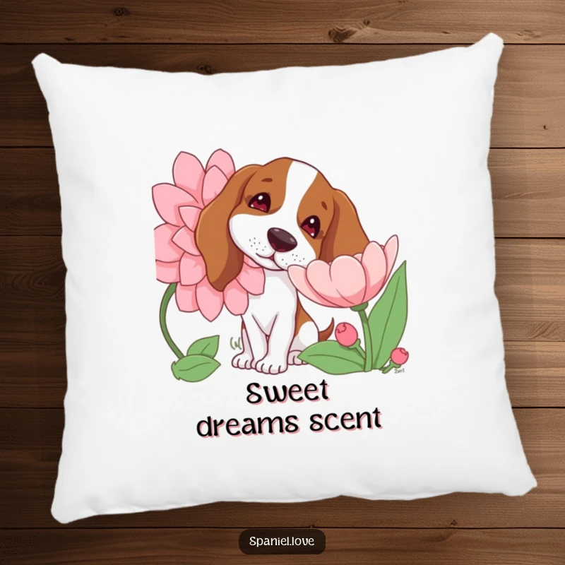 Funny pillowcase showcasing a spaniel dog with a tilted head curiously sniffing a large, blooming flower, embodying gentle fascination and calm.