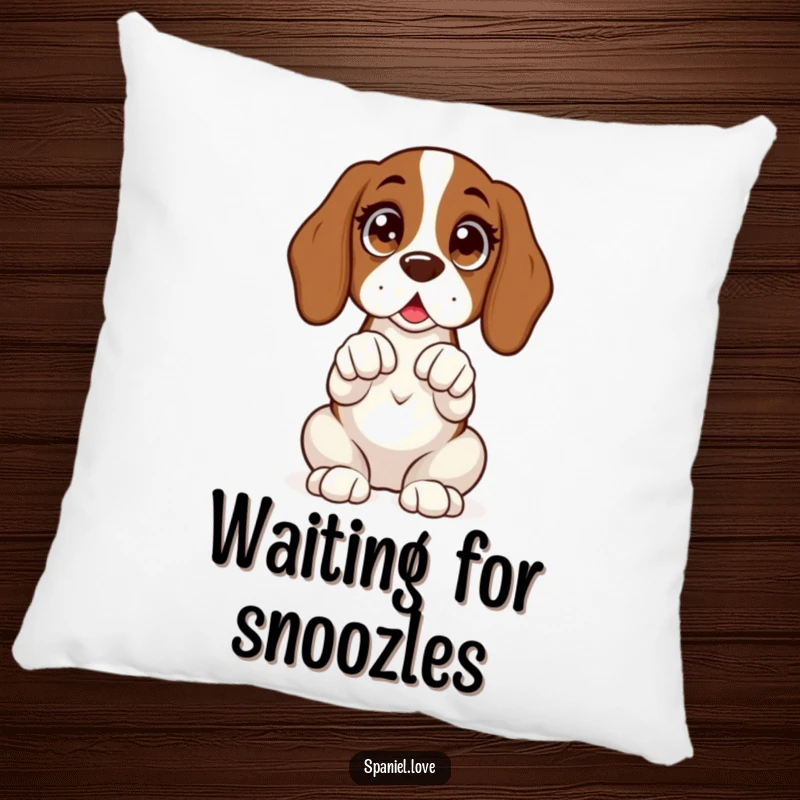Funny throw pillow depicting a spaniel sitting upright with wide, excited eyes and its paws clasped expectantly.