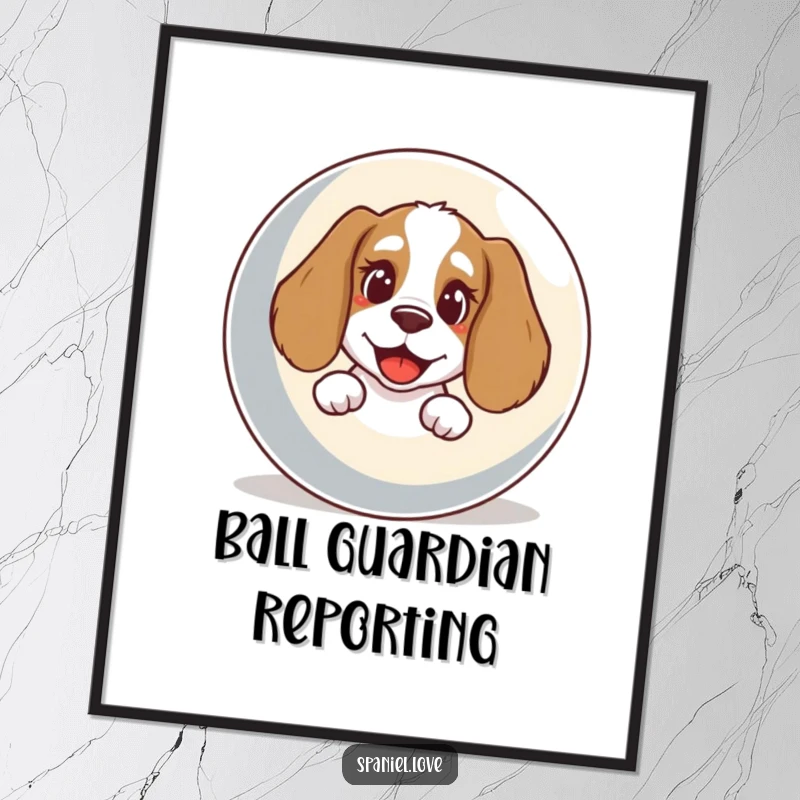 Funny Spaniel Digital Art Print: A spaniel with a happy bark peeks playfully from behind a giant ball, a fun image.