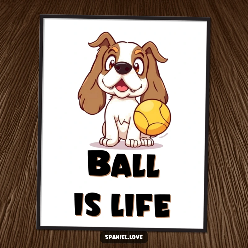 Funny Spaniel Digital Art Print of a surprised spaniel reacting to a thrown ball, ideal for playful home decor.